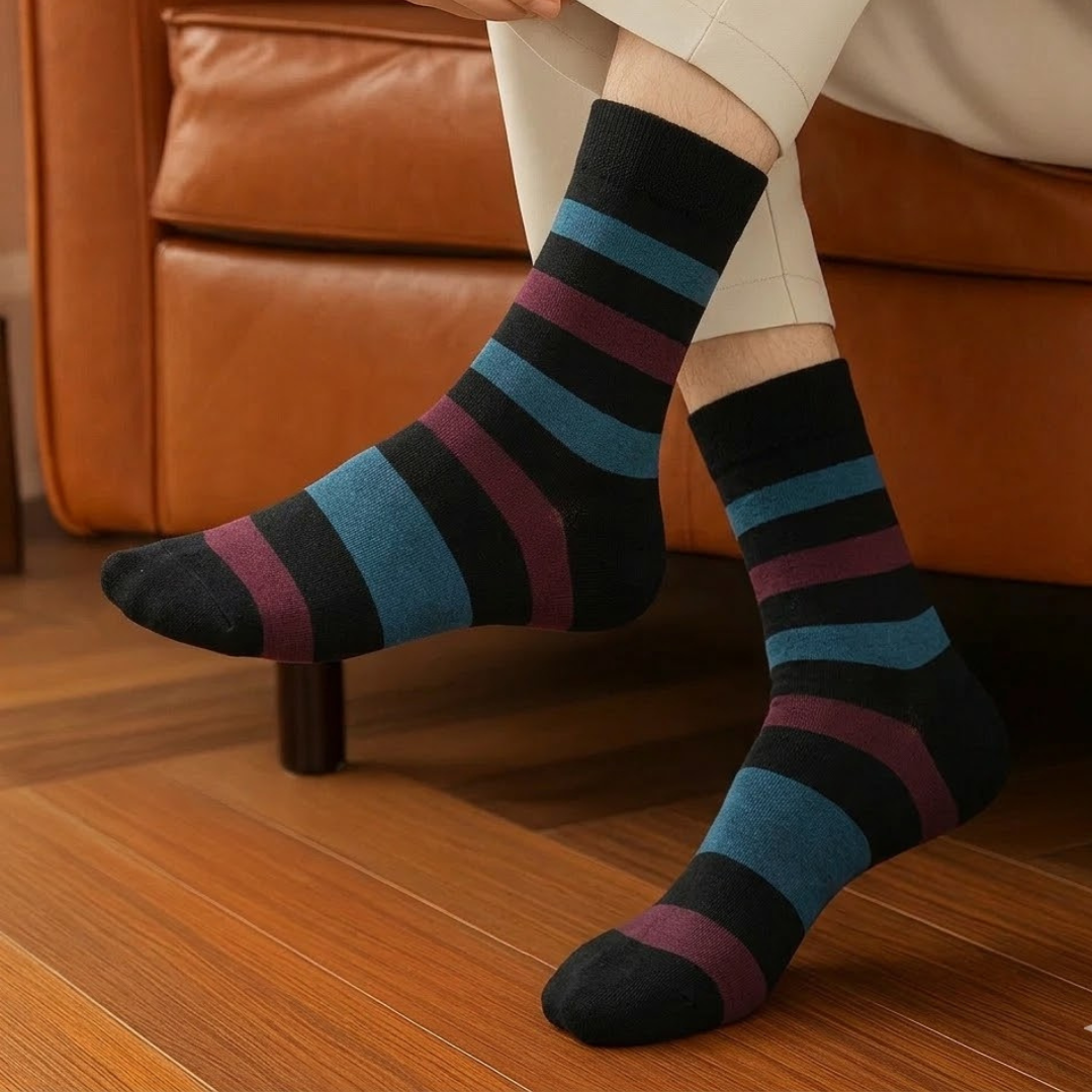 Midnight Peak Men’s Premium Socks – Teal & Burgundy Horizontal Stripes