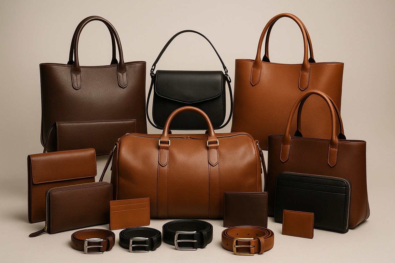 a cover photo with all leather goods such as ladies hanbags, travel bags, belts, wallets in centre placed. 