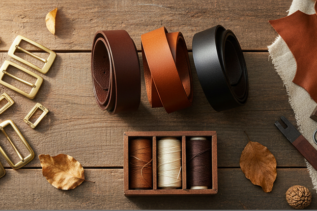 a creative horizontal banner of leather belts with some props 