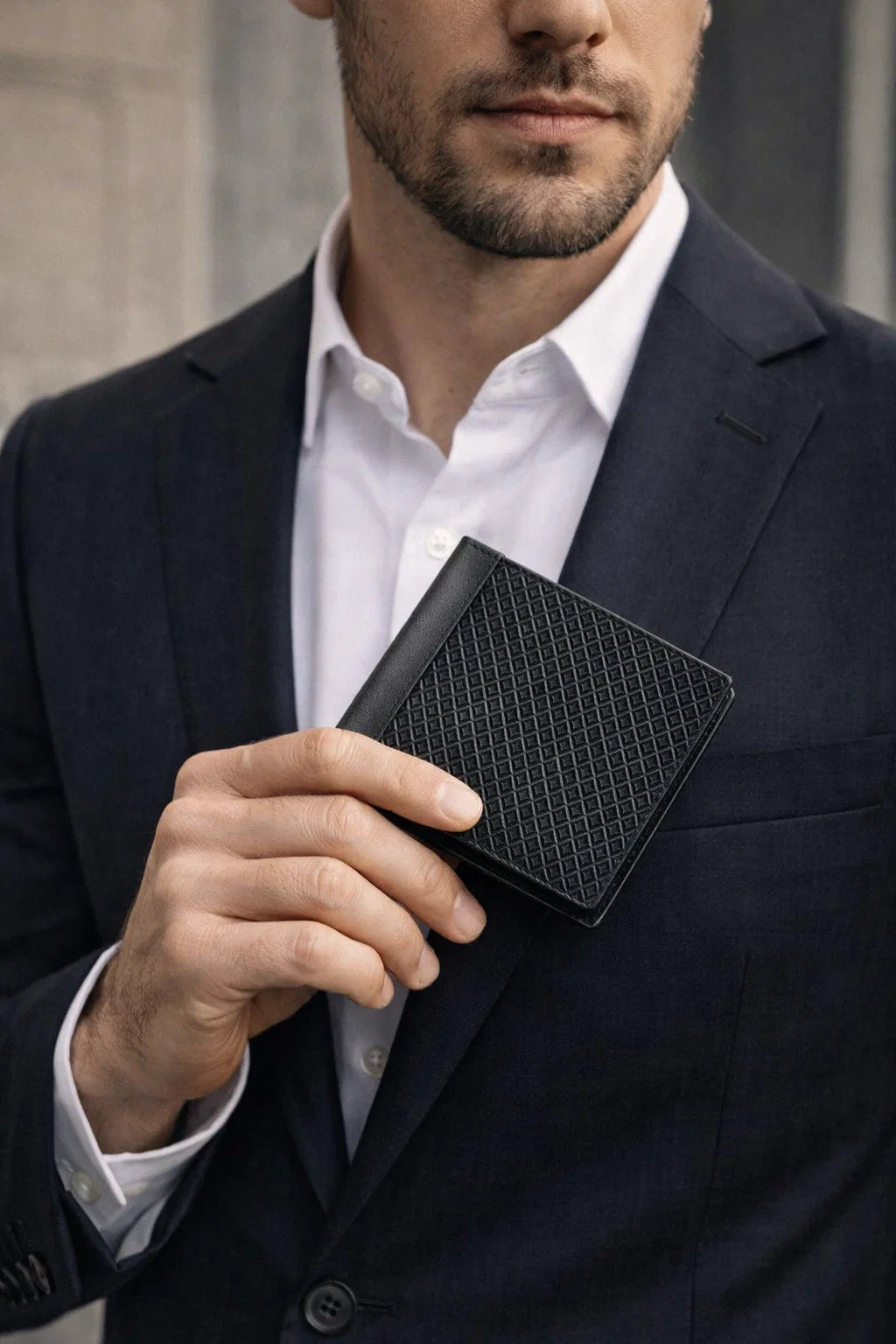 Crosshatch Pattern Men's Leather Wallet - Black
