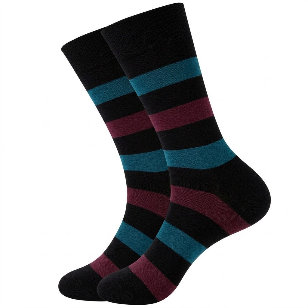 Midnight Peak Men’s Premium Socks – Teal & Burgundy Horizontal Stripes